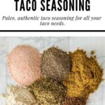 Spices on parchment paper on counter with nightshade free taco seasoning text