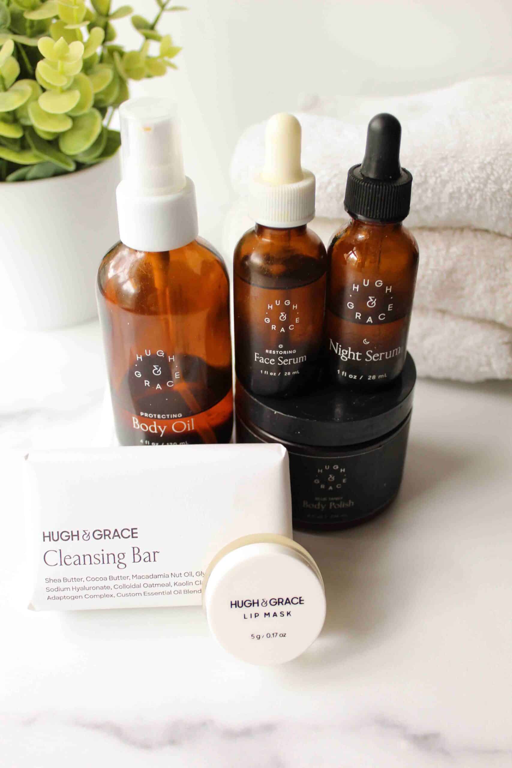 Hugh and Grace Skincare products on counter for a review. 