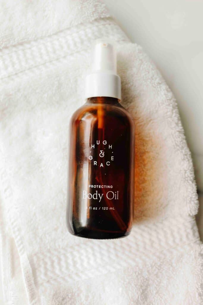 Hugh and Grace Body oil on washcloth