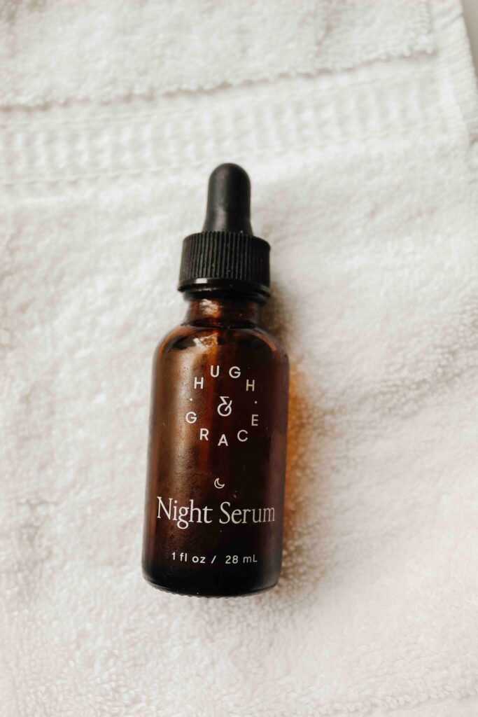 Hugh and Grace Night Serum on washcloth.