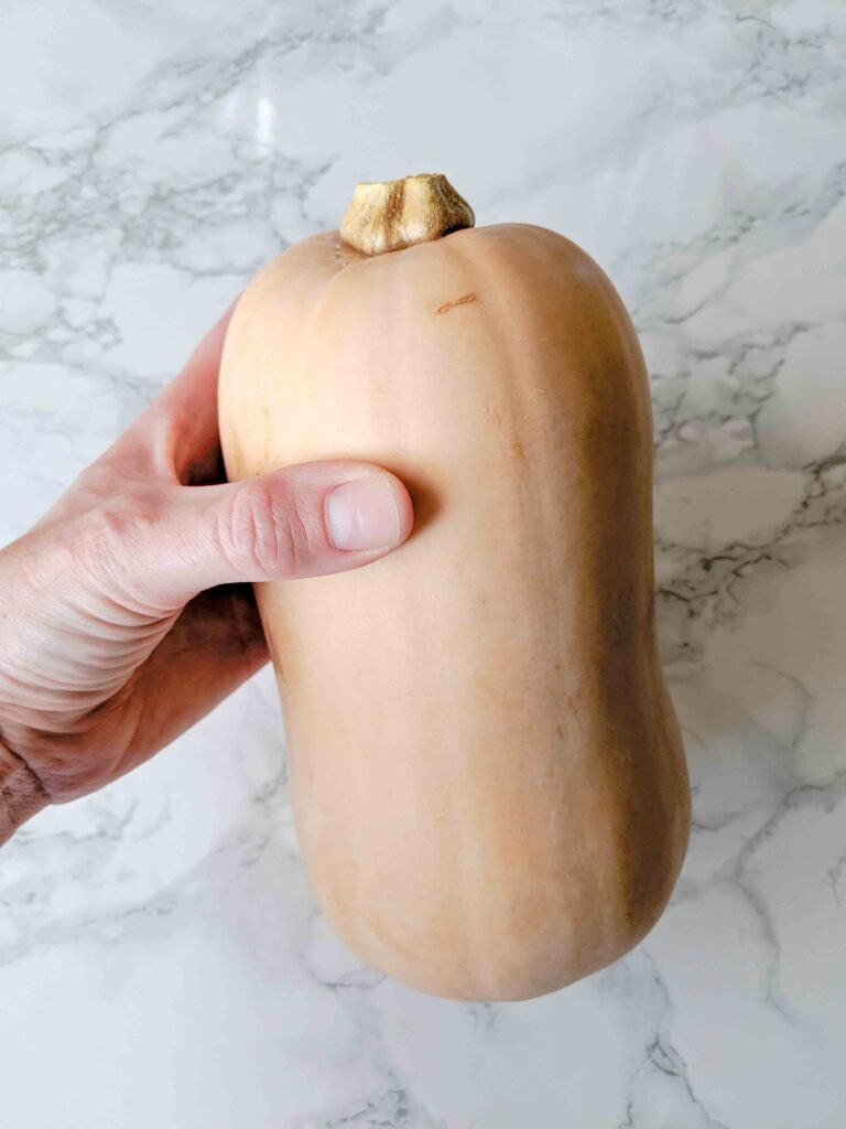 hand holding whole butternut squash on white countertop