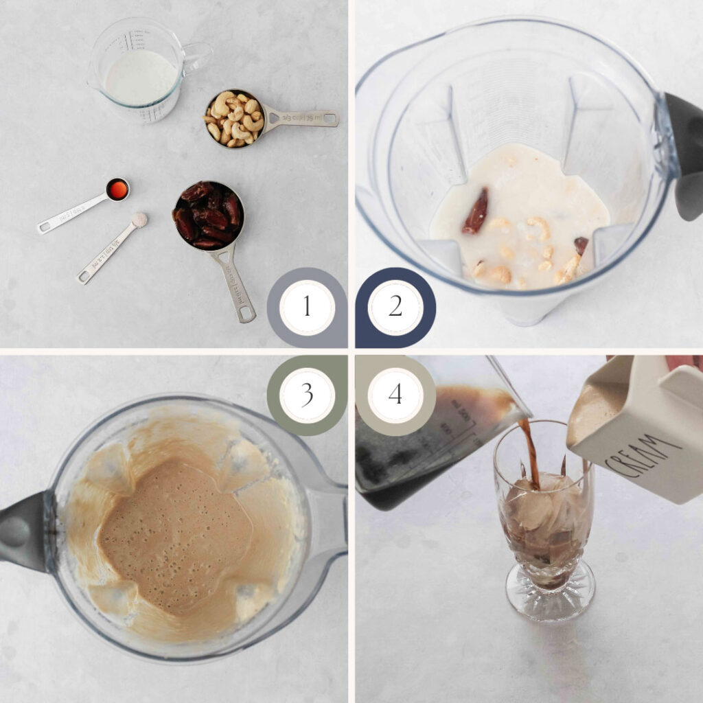 pictures of the 4 steps to make an iced caramel latte 