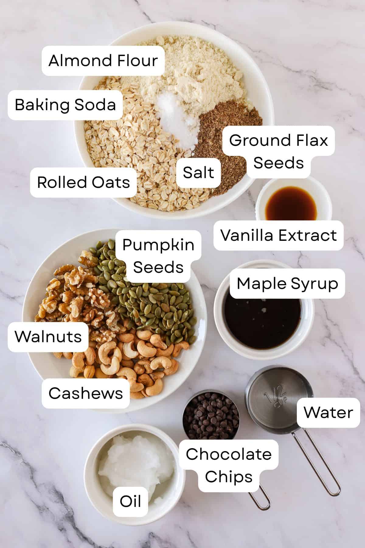 Labeled Ingredients for gluten free breakfast cookies on counter.