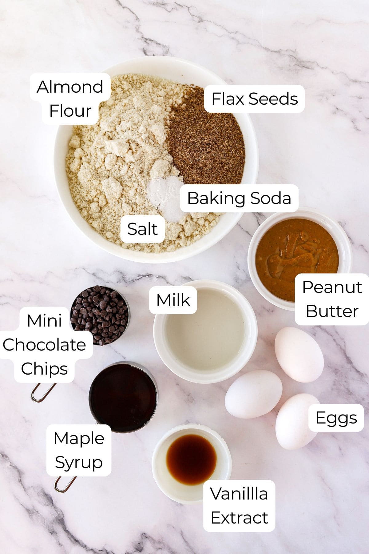 Labeled ingredients for gluten-free chocolate chip muffins on counter.