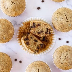 Close-up image of gluten-free chocolate chip muffins on counter,