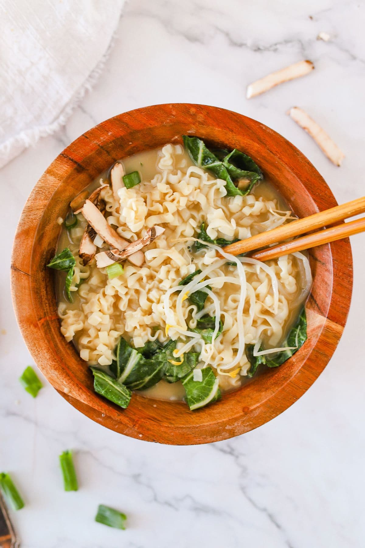 20 minute gluten free ramen in bowl on counter.