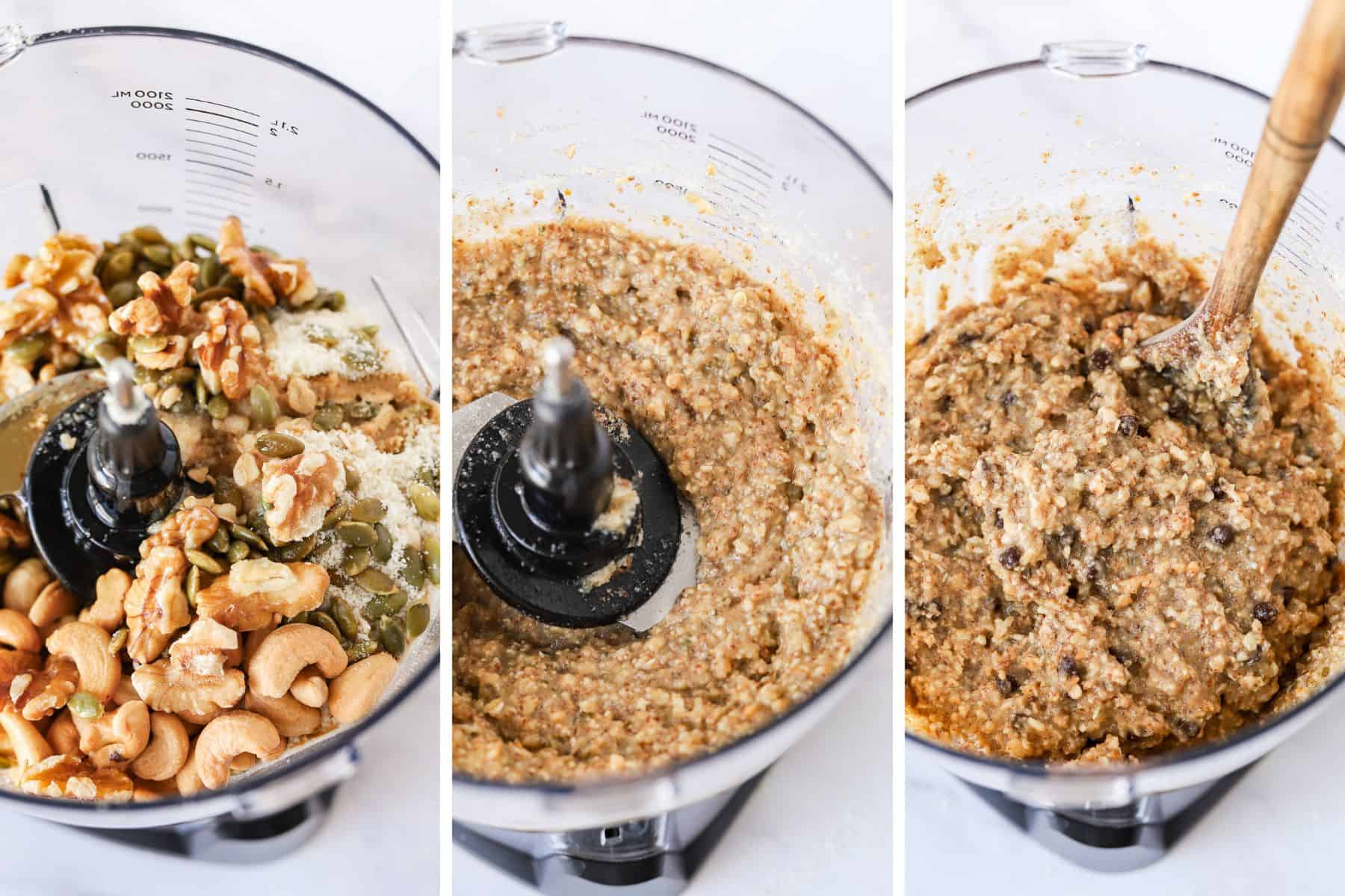 3 photos to show the steps to make gluten free almond flour oatmeal breakfast cookies including adding ingredients to food processor, mixing and stirring in the chocolate chips.