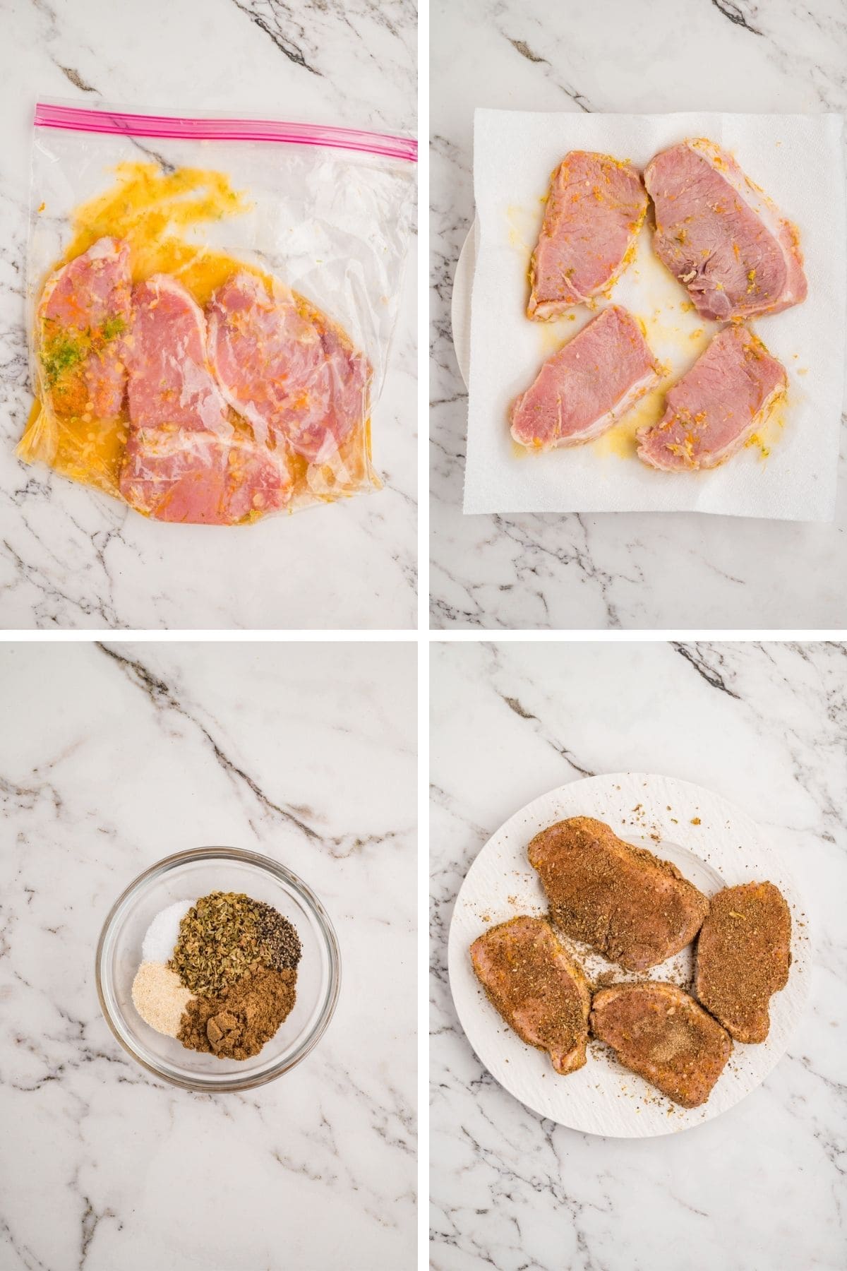Four photos to chow how to make Cuban mojo pork chops including marinating the pork chops in a zip top bag, letting them dry on a towel, mixing seasoning rub and adding seasoning to marinated pork chops.