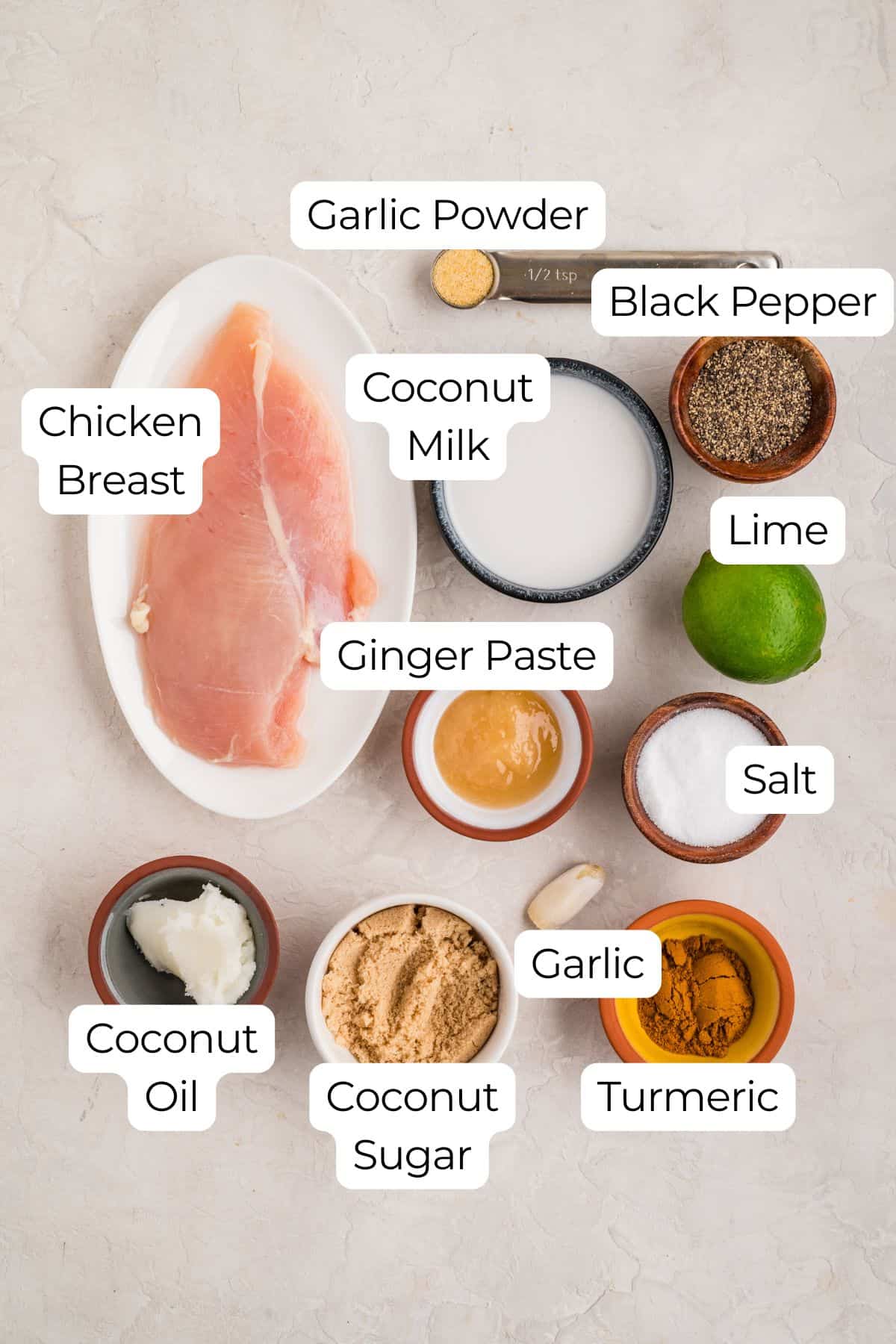 Labeled ingredients for coconut chicken breast.