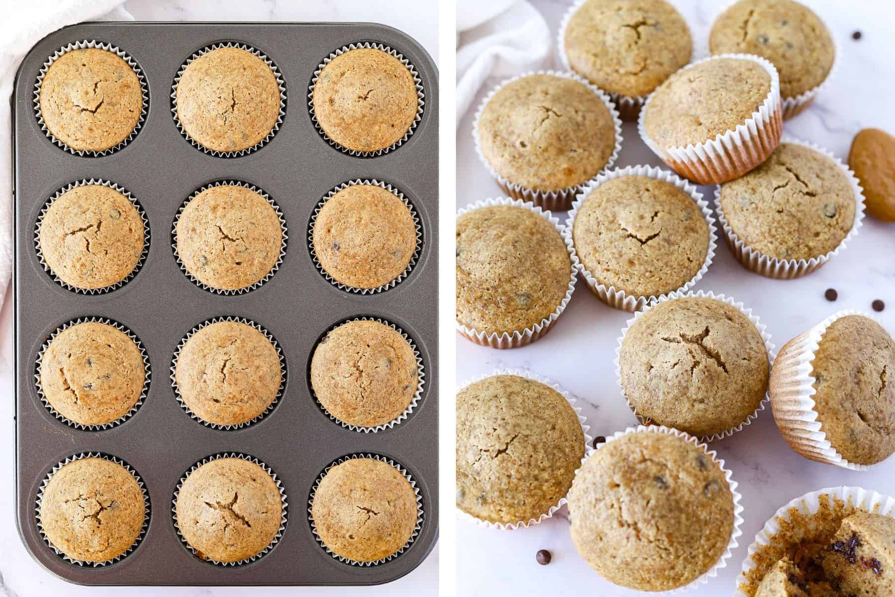 Two photos to show the tops of gluten free peanut butter muffins, including fresh baked in muffin tin and on counter.