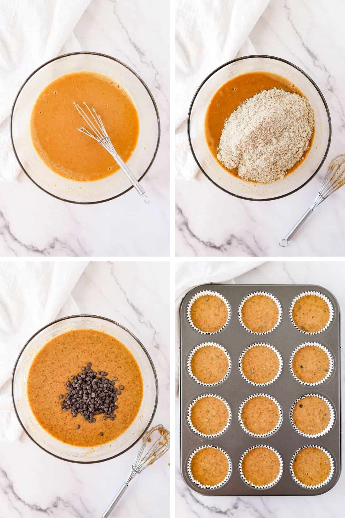 Four photos to show how to make gluten free peanut butter muffins, including mixing wet ingredients, adding wet and dry ingredients, folding in chocolate chips and adding batter to a muffin tin.