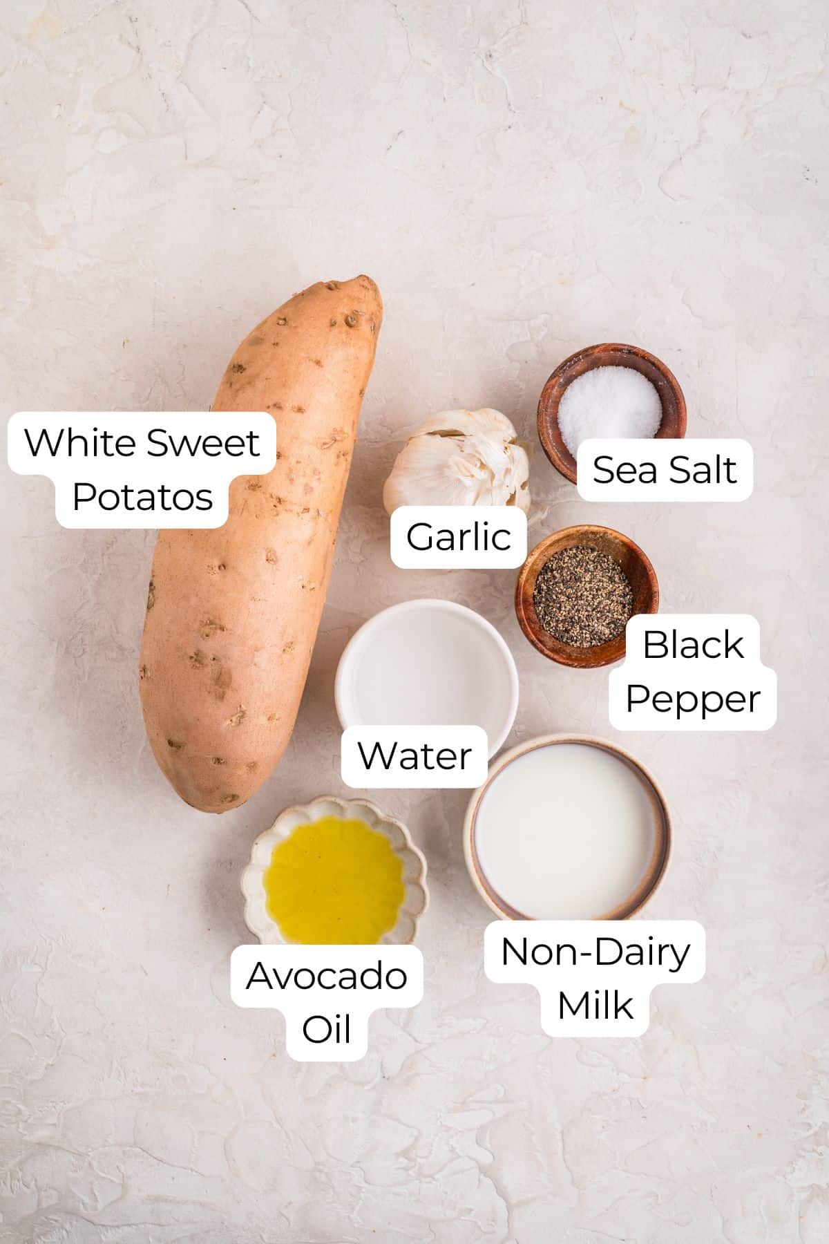 Labeled ingredients on counter to make mashed white sweet potatoes.