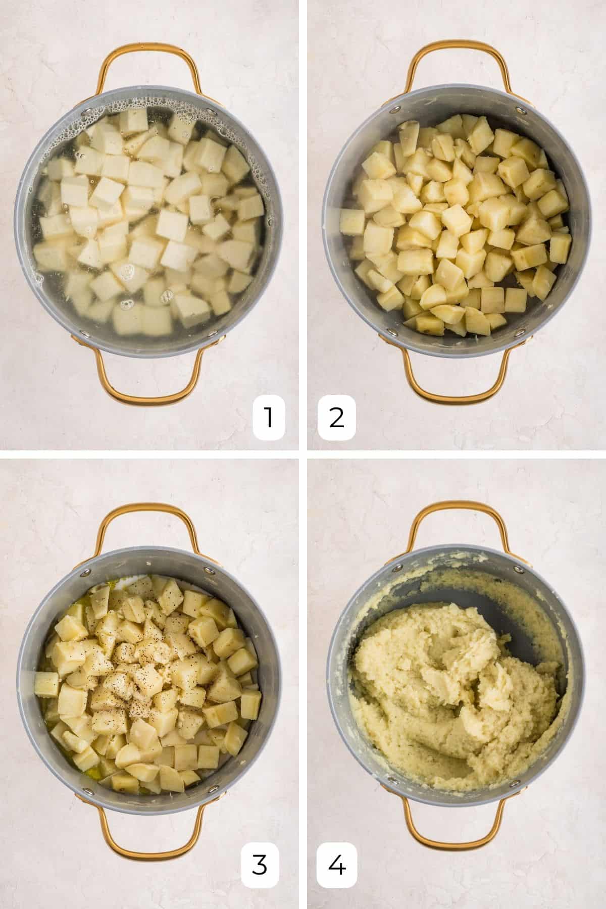 4 photos to show how to make mashed white sweet potatoes including chopped white sweet potatoes in pot with water, cooked potatoes in pot, adding remaining ingredients to pot, and the mashed white sweet potatoes in the pot.