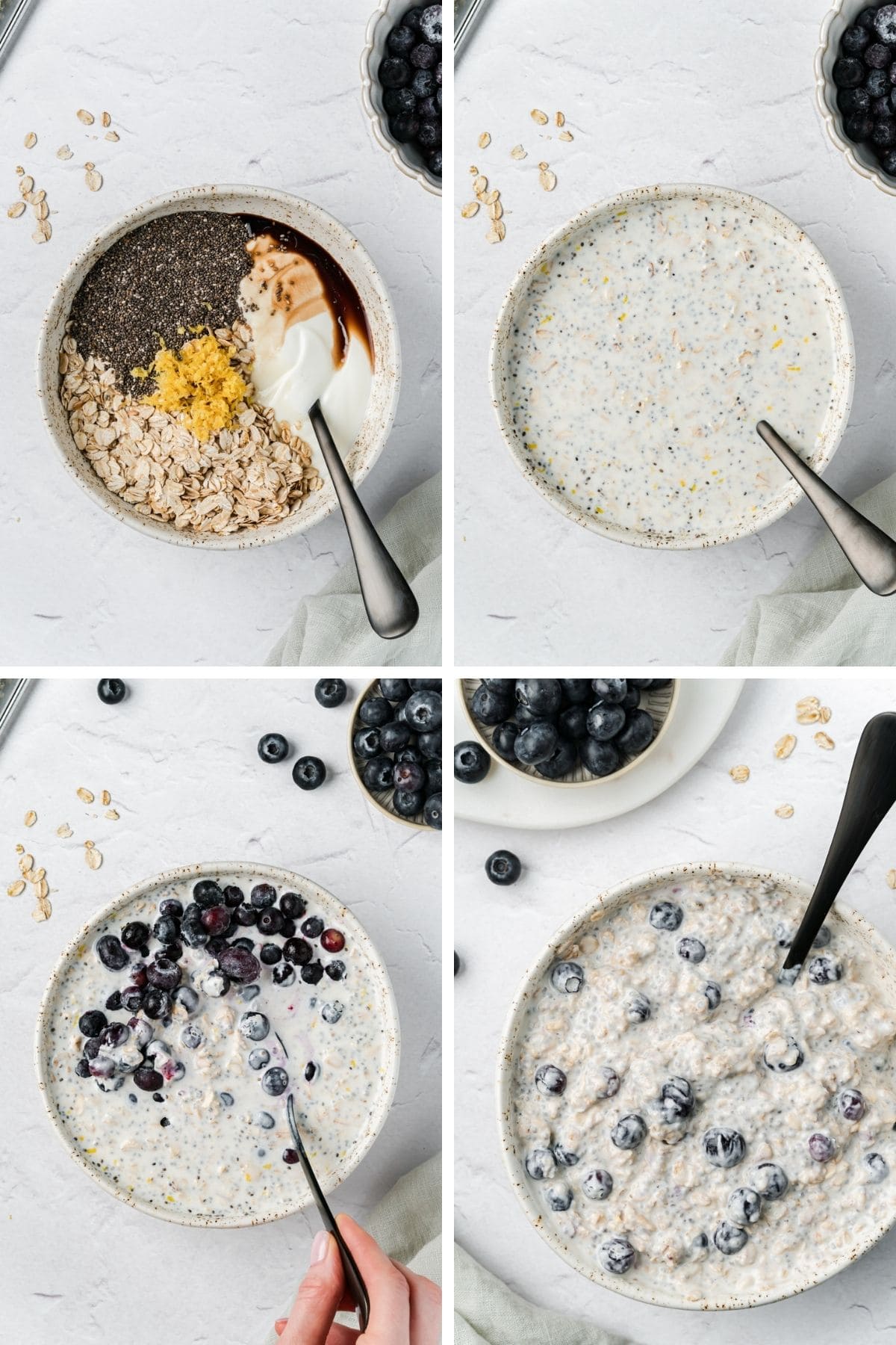 Four photos to show the process steps to make blueberry lemon overnight oats including adding ingredients to large bowl, mixing the ingredients, folding in the frozen berries and the final mixture.