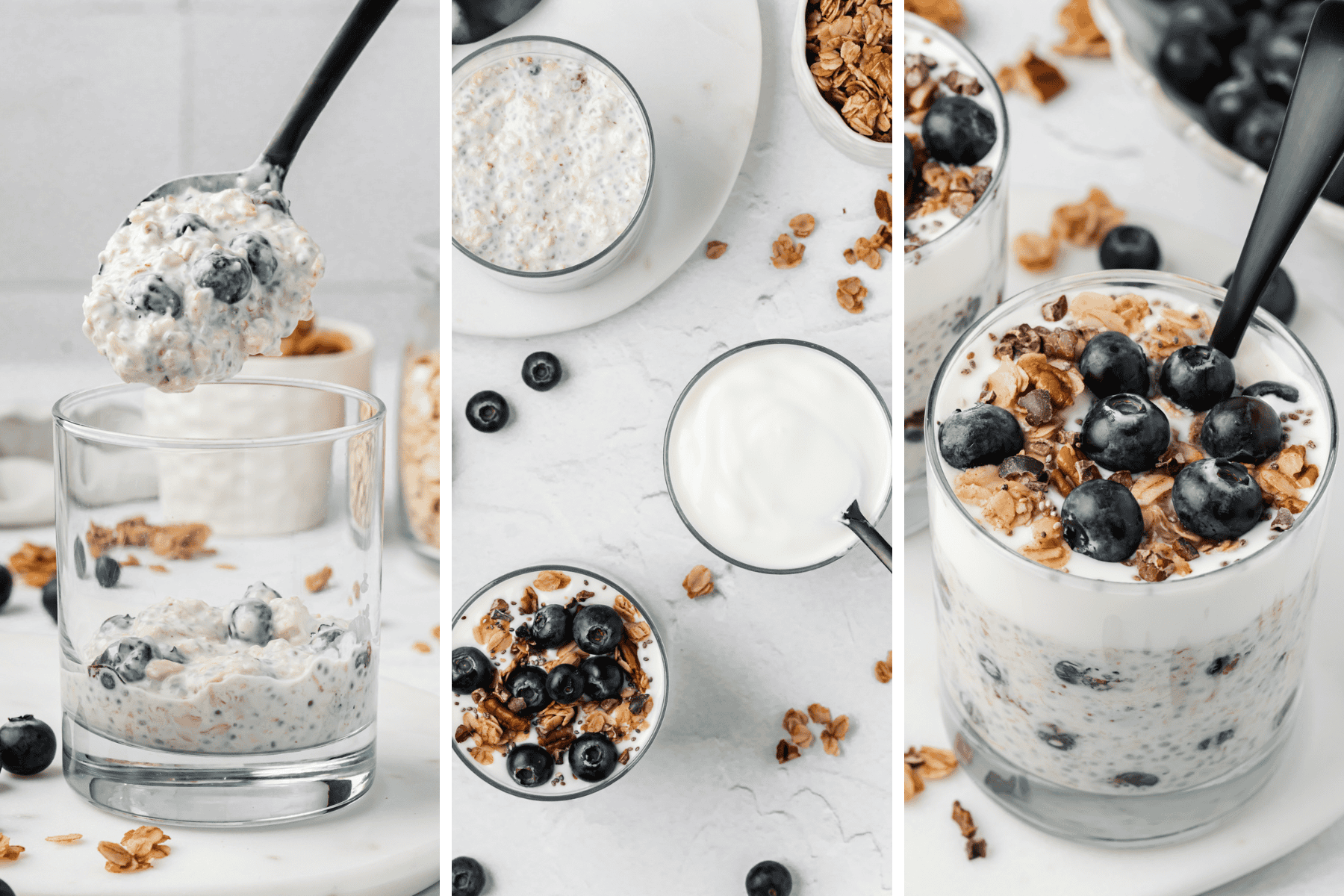 Three photos to show the steps to make blueberry lemon overnight oats, including scooping the mixture into a serving cup, topping the mixture with additional yogurt and topping the oats with fresh blueberries and granola.