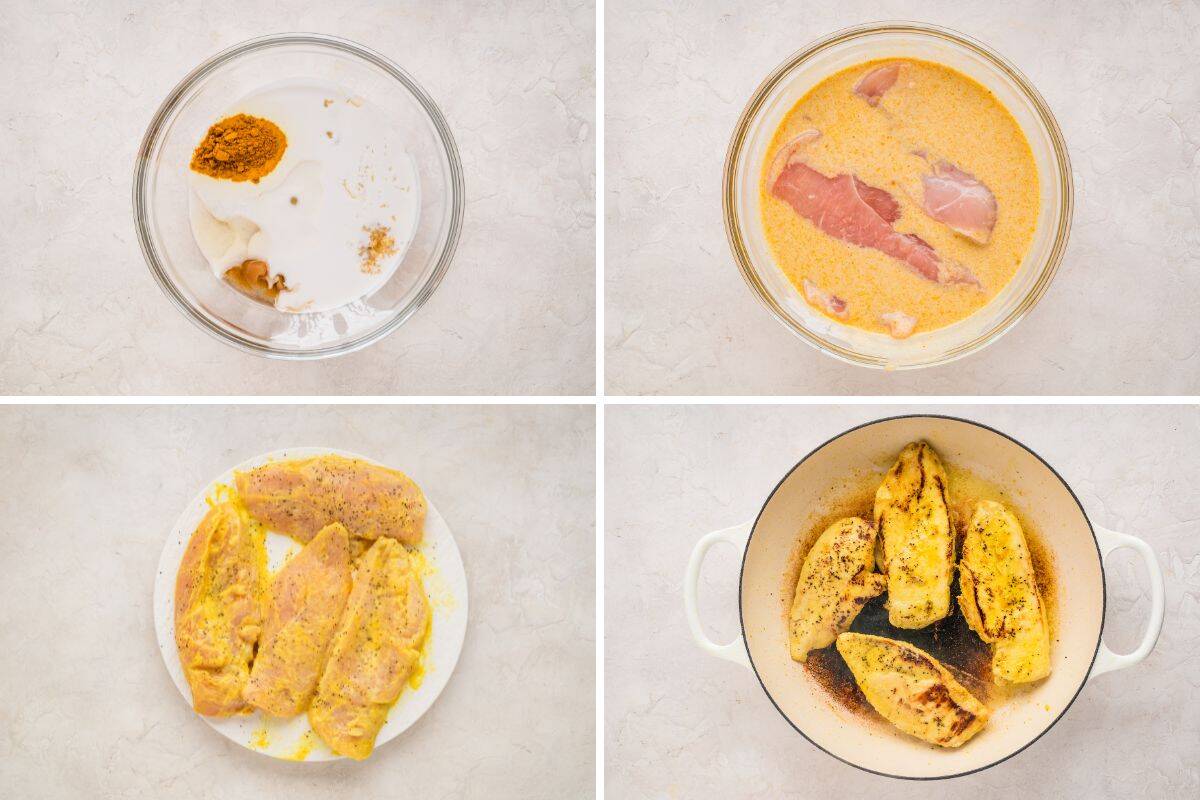 Four steps to show how to make braised coconut chicken including mixing the marinade, adding chicken to marinade, remove chicken and searing chicken in a pan.
