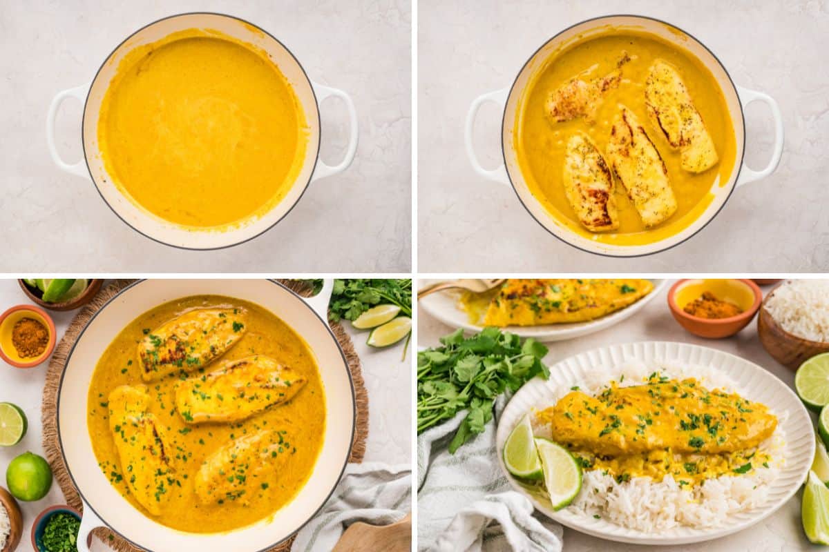 Four steps to show how to make coconut braised chicken breast including adding sauce to pan, adding seared chicken to the pan and plating the chicken and sauce over rice.