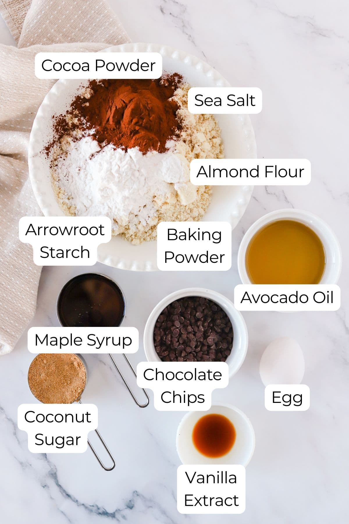 Labeled ingredients on counter for gluten free double chocolate chip cookies.