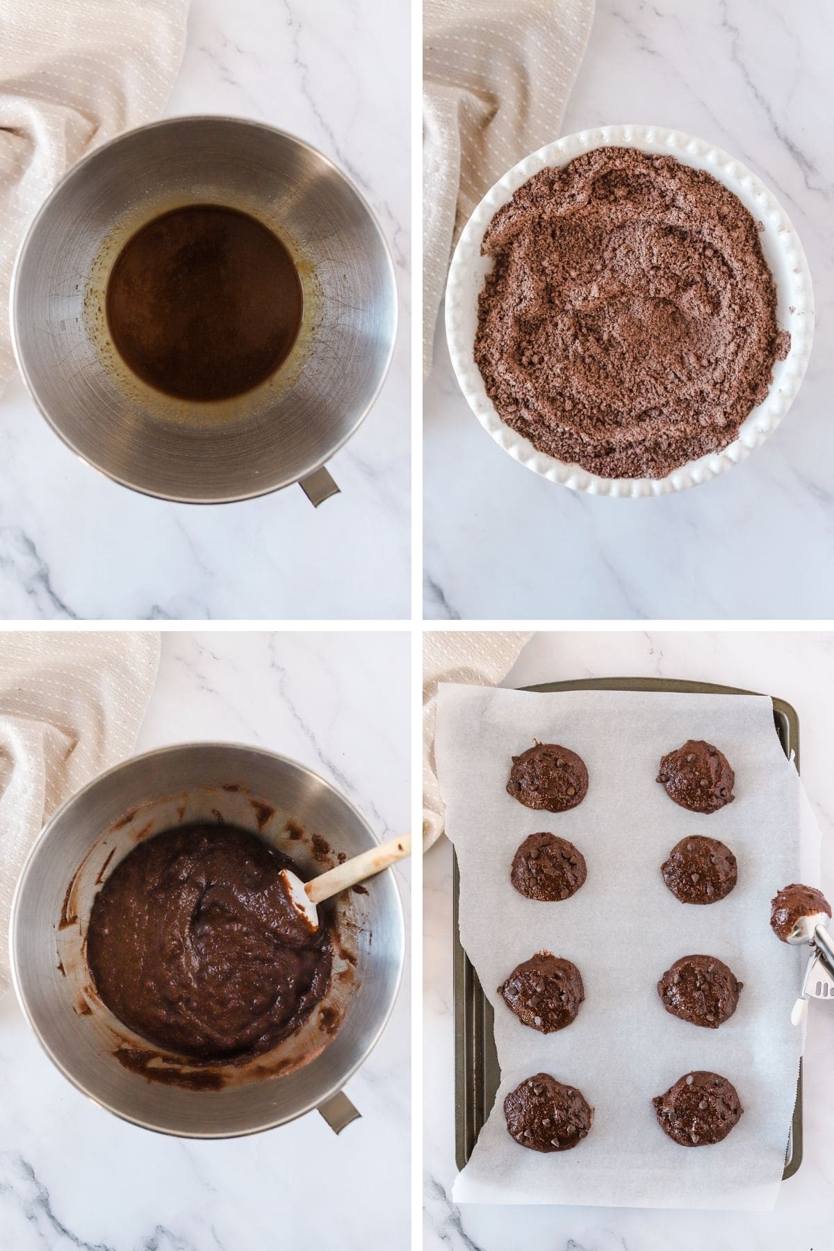 Four photos to show the process of making gluten free double chocolate chip cookies including mixing avocado oil and maple syrup, mixing the dry ingredients, mixing everything together, and scooping cookies on a parchment lined baking sheet.
