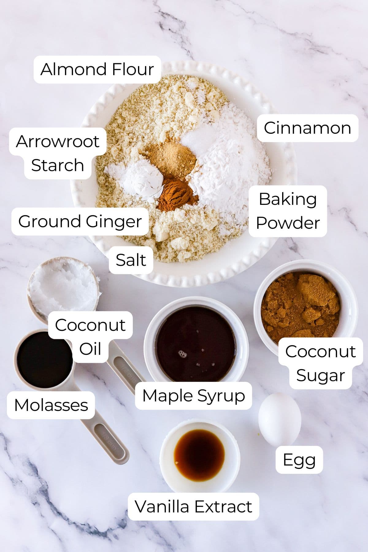 Labeled ingredients on counter to make gluten free ginger molasses cookies.