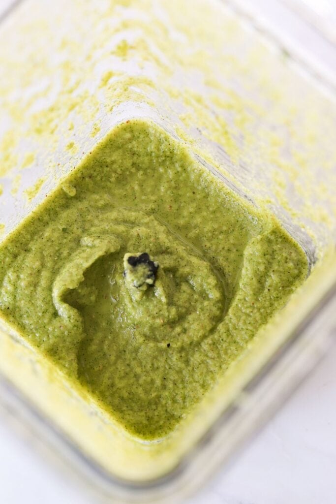 Close up of nightshade free salsa in a blender just after mixing.