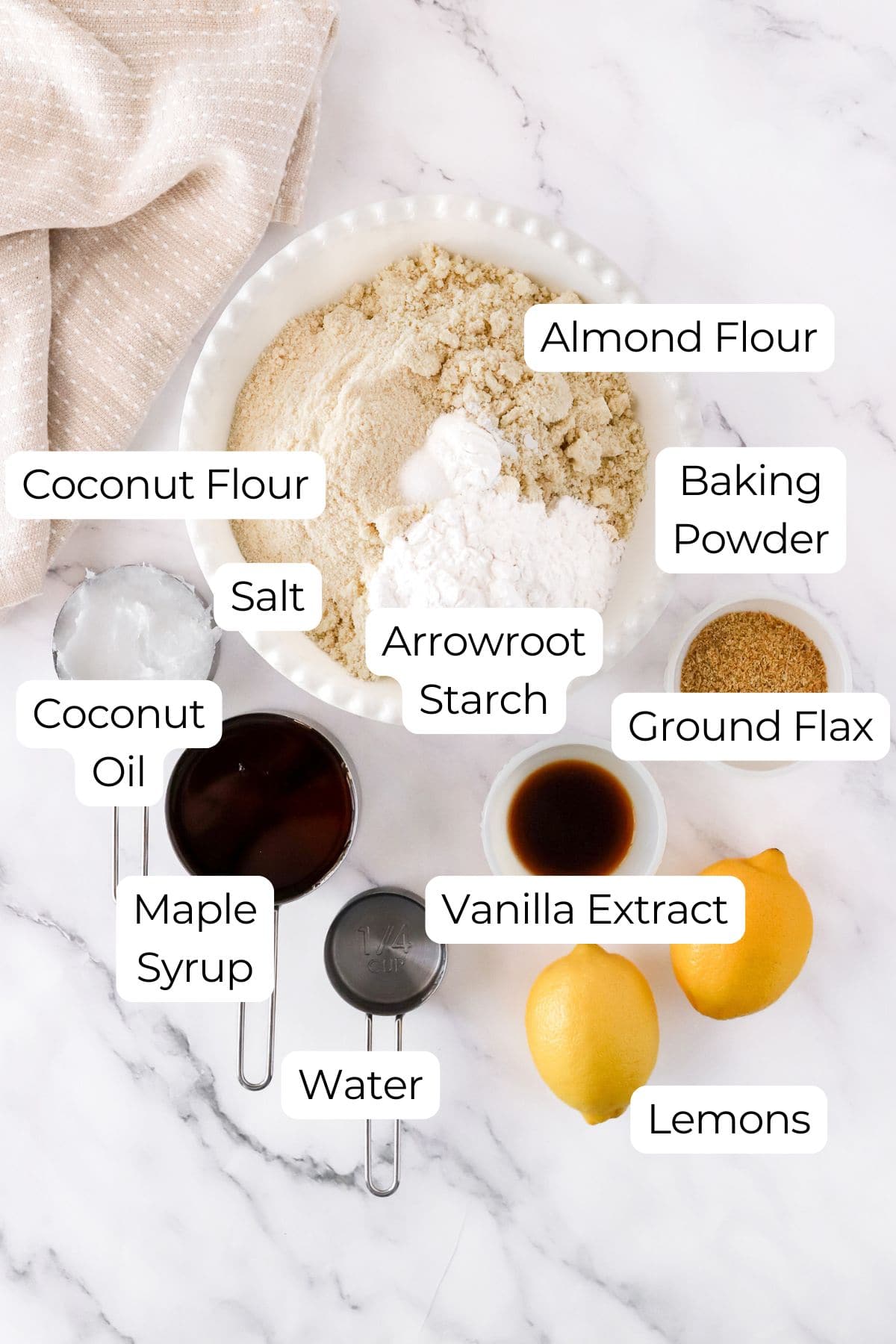 Labeled ingredients on the counter to make vegan gluten free lemon cookies.