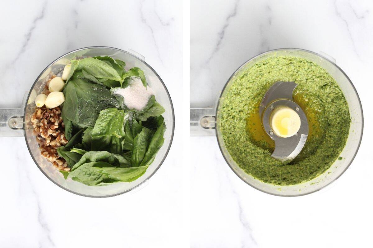Two photos to show how to make dairy free walnut pesto, including adding all ingredients into food processor and what the final result in the food processor looks like.