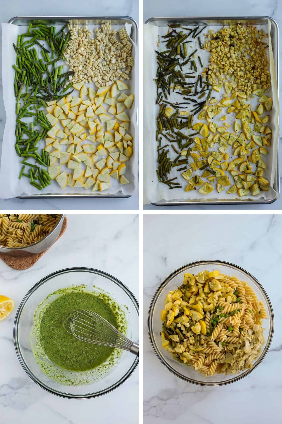 Four images to show the directions for making gluten free pesto pasta salad including adding chopped vegetables to a baking sheet, what the vegetables look like after roasting, mixing the pesto and adding all ingredients to a mixing bowl.