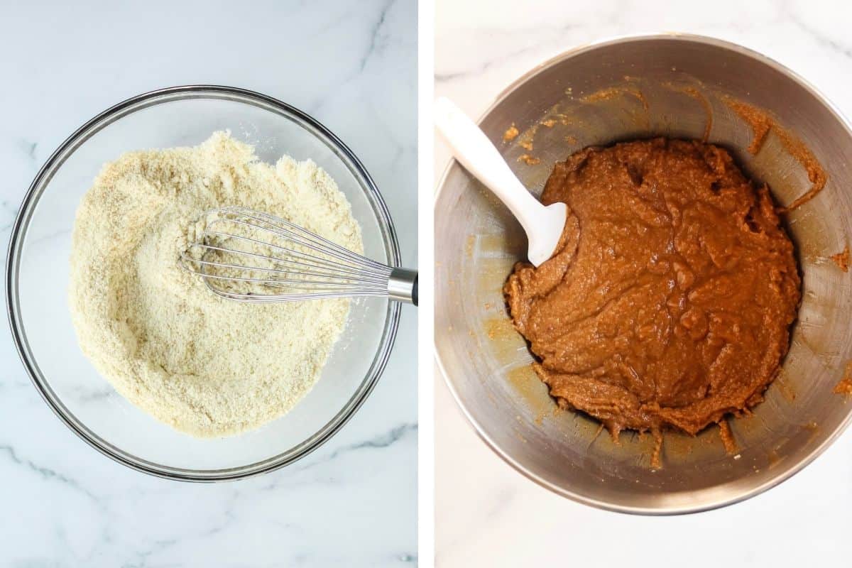 Two photos to show how to make gluten free sprinkle cookies including mixing the dry ingredients and what the mixed dough looks like.