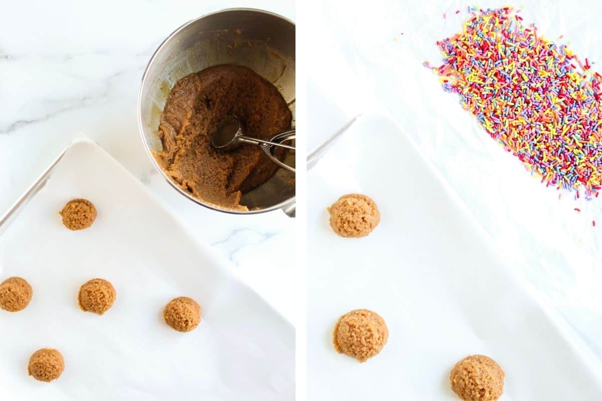 Two photos to show scooping cookie dough onto a prepared baking sheet for gluten free sprinkle cookies.