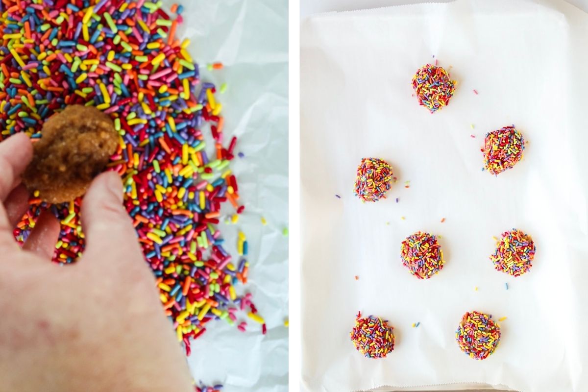 Two photos to show dipping gluten free sprinkle cookie dough into sprinkles and adding the balls to the prepared baking sheet.