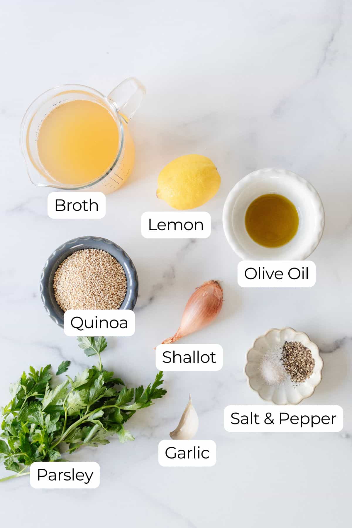 Labeled ingredients on counter to make lemon herb quinoa.
