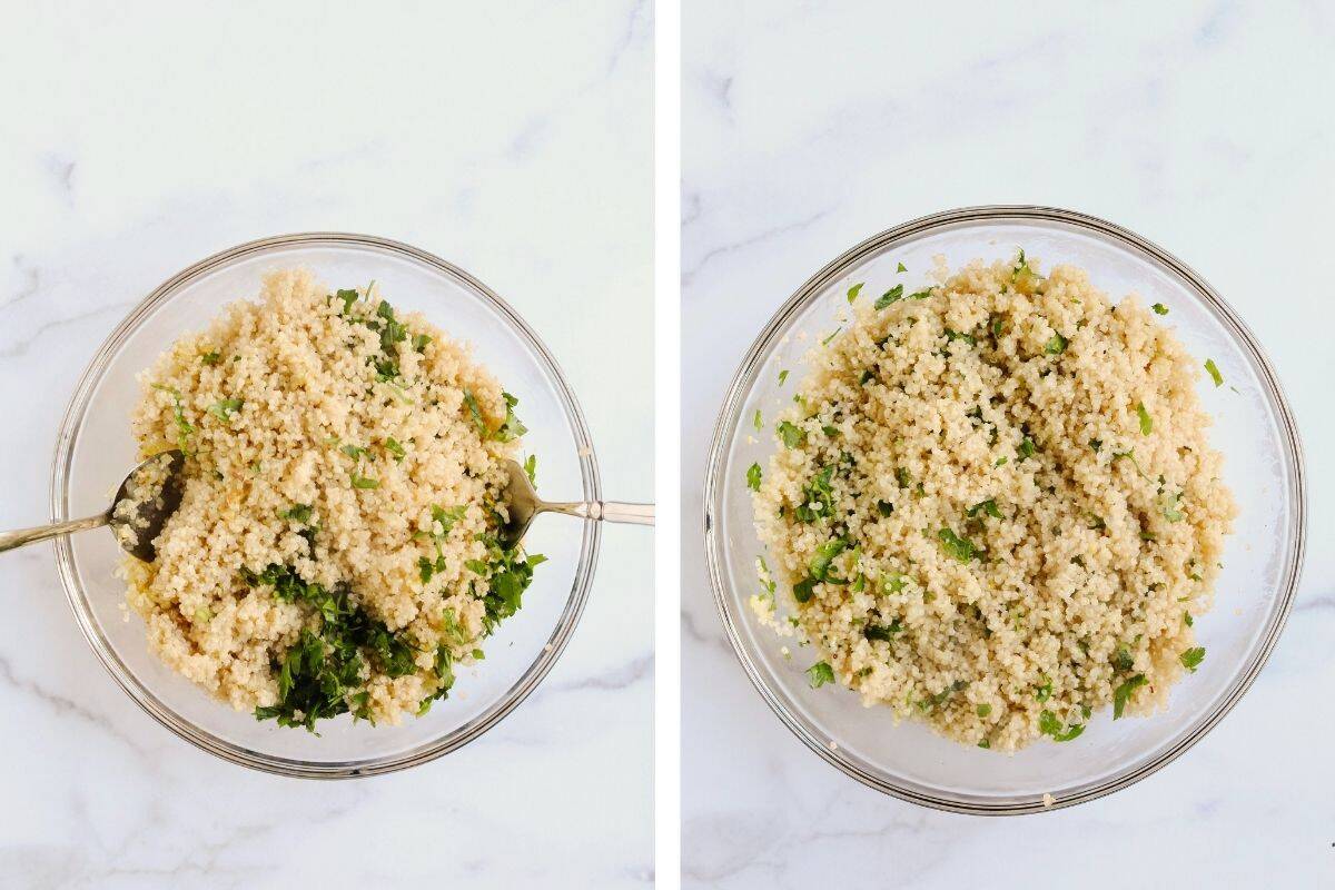 Two photos to show mixing the herbs and vegetables together to make lemon herb quinoa.
