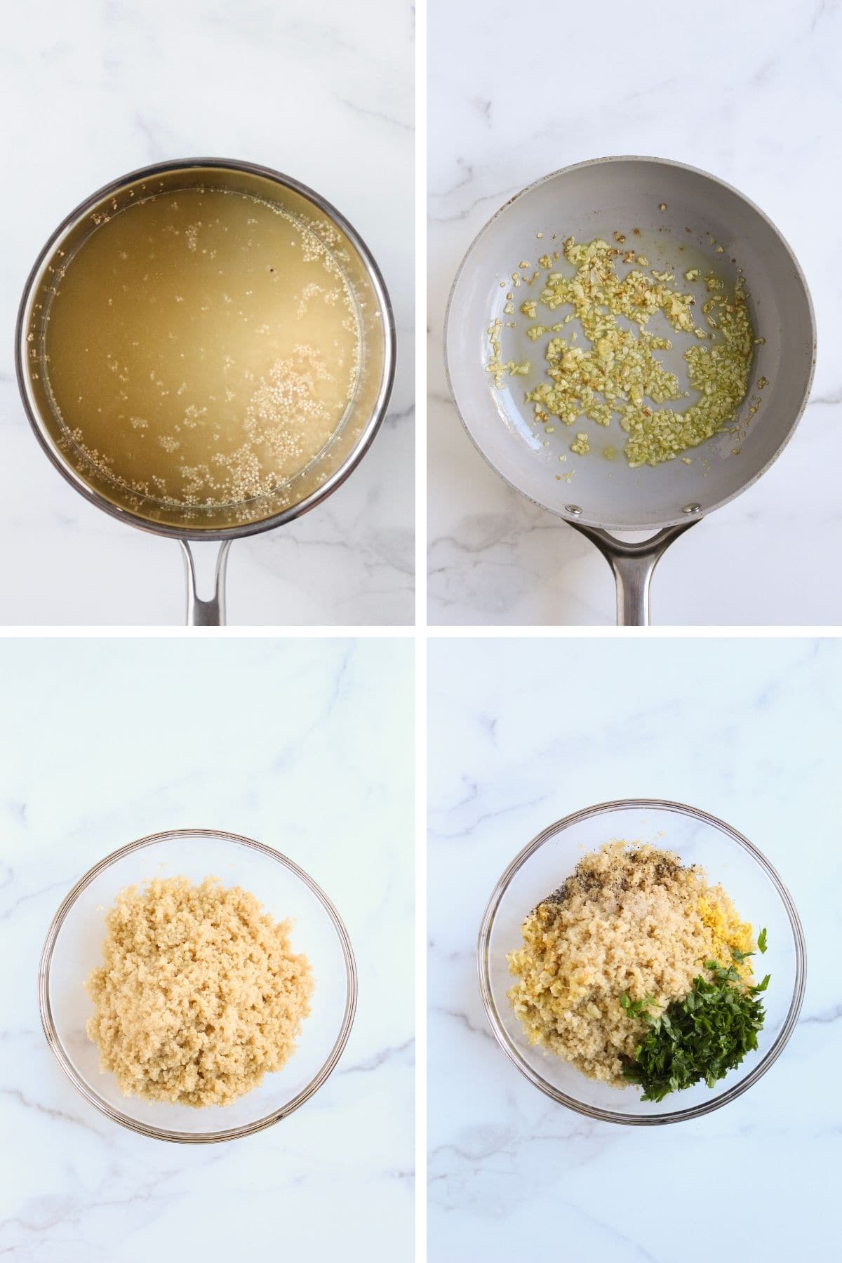 Four photos to show the steps to make lemon herb quinoa including adding the quinoa to a pot of boiling broth, sauteing vegetables, adding quinoa to a bowl and adding the vegetables and lemon to the bowl of quinoa.