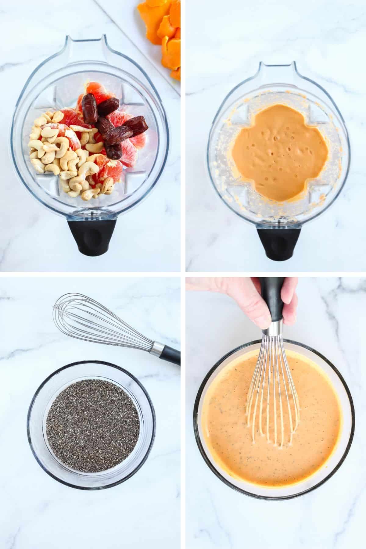 Four photos showing how to make dairy free orange cream chia pudding including adding ingredients to blender, showing the thick cream once blended, the chia seeds in a bowl and whisking the cream with the chia seeds.