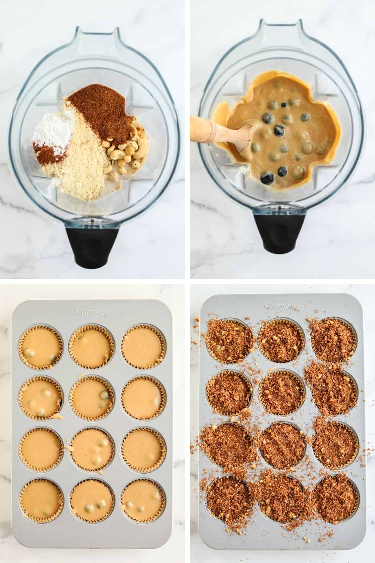 Four photos to show how to make gluten and dairy free muffins in the blender, including adding all ingredients, mixing in blueberries by hand, adding batter to muffin pan, then topping with the streusel topping.
